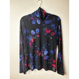 Women's L Turtleneck Top Black Floral Lined Mesh Dark Romance Goth Vibrant Sheer